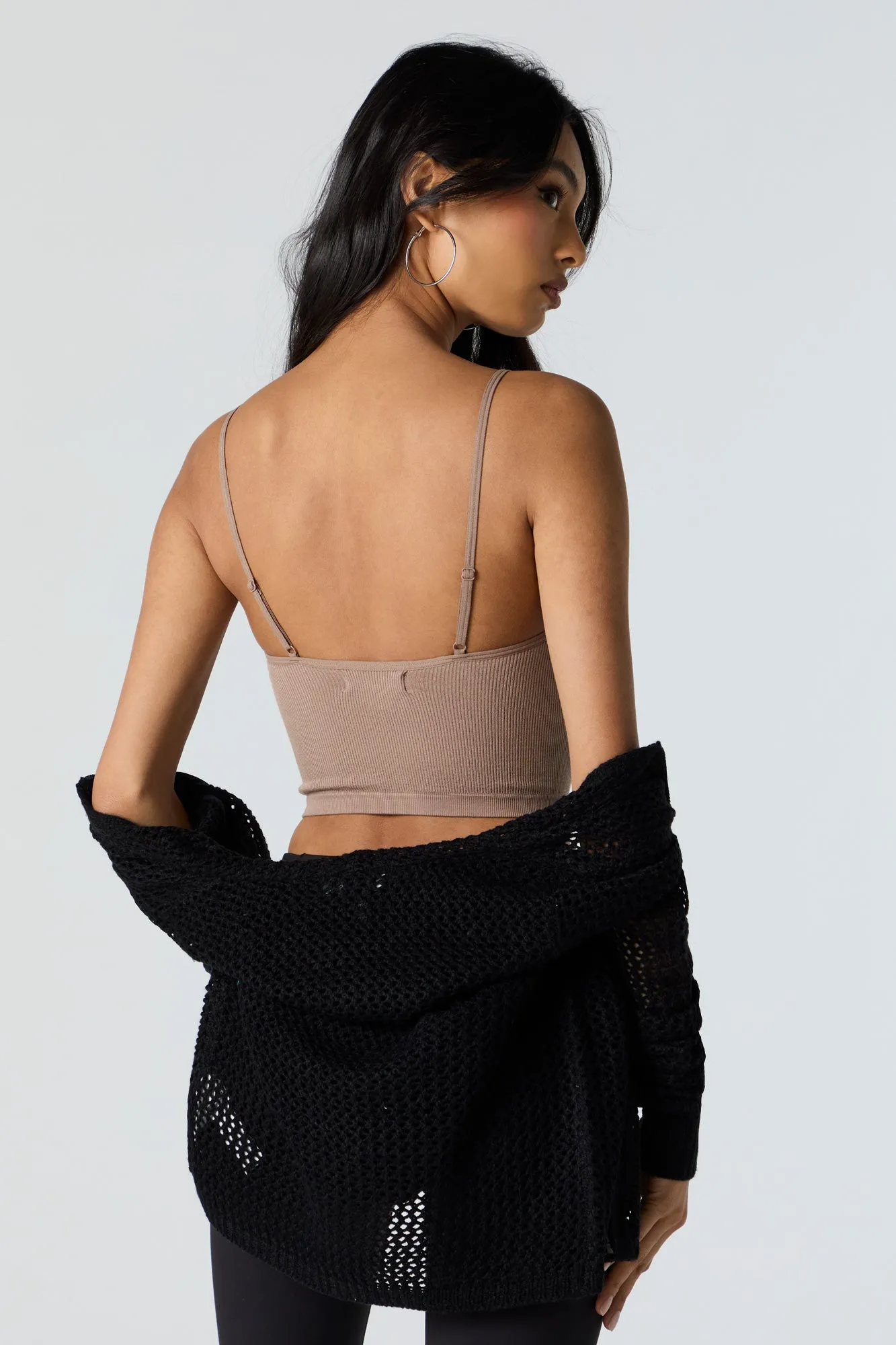 Camisole côtelé courte sans couture à encolure dégagée