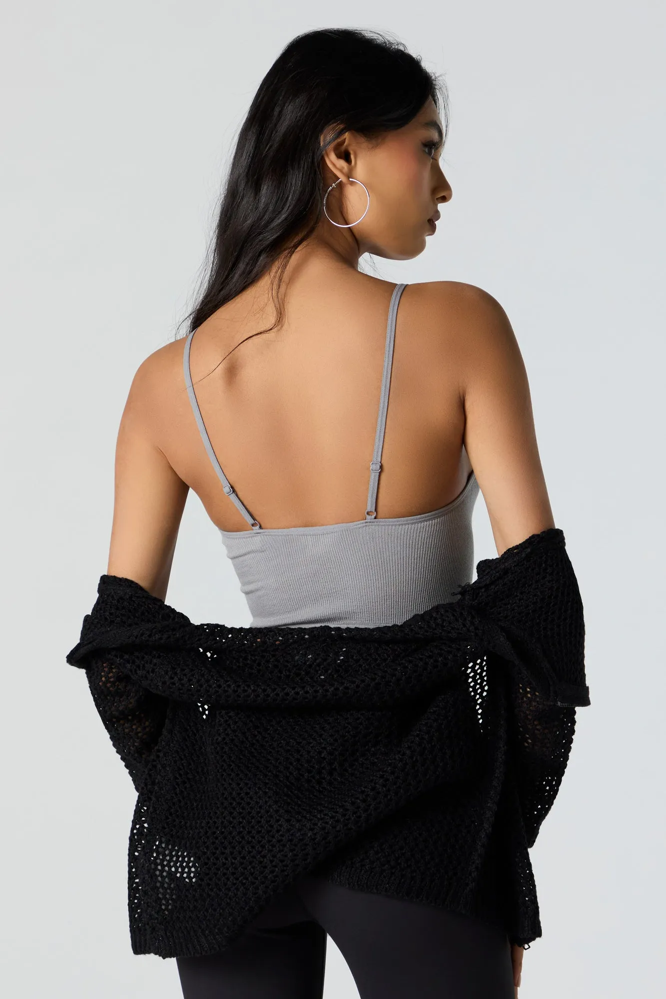 Camisole côtelé courte sans couture à encolure dégagée