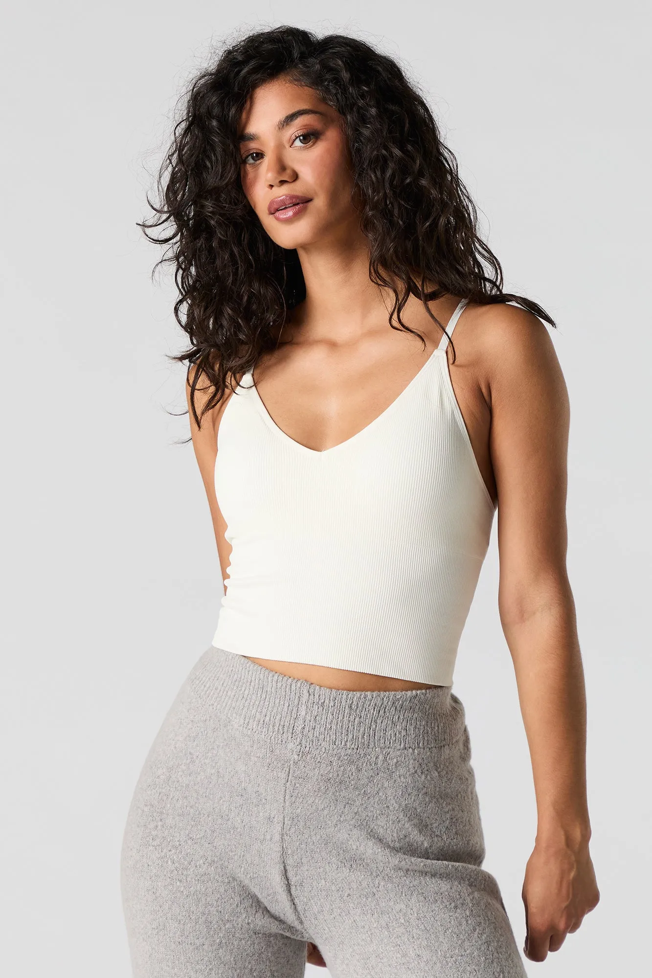 Camisole côtelée courte sans couture à encolure en V