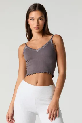 Camisole côtelée sans couture avec liséré de dentelle et encolure en V