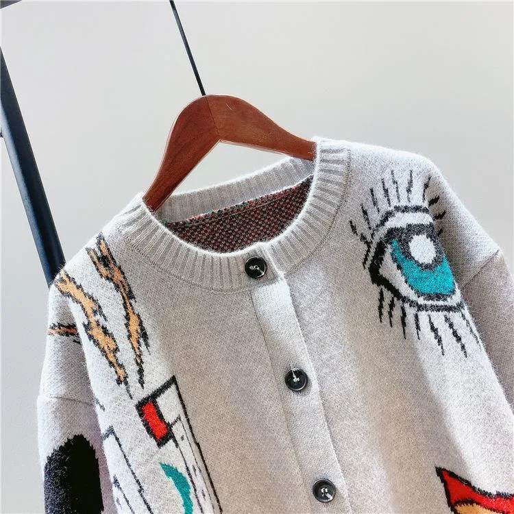 Casual Graffiti Women Autumn Knitting Cardigans