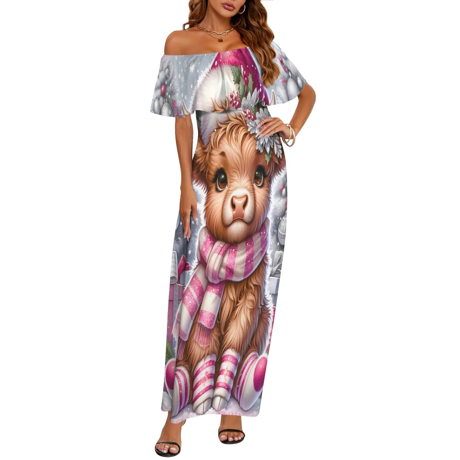 Christmas Highland Cow awd1351 Women's Off Shoulder Ruffle Boat Neck Dress (Model D71)