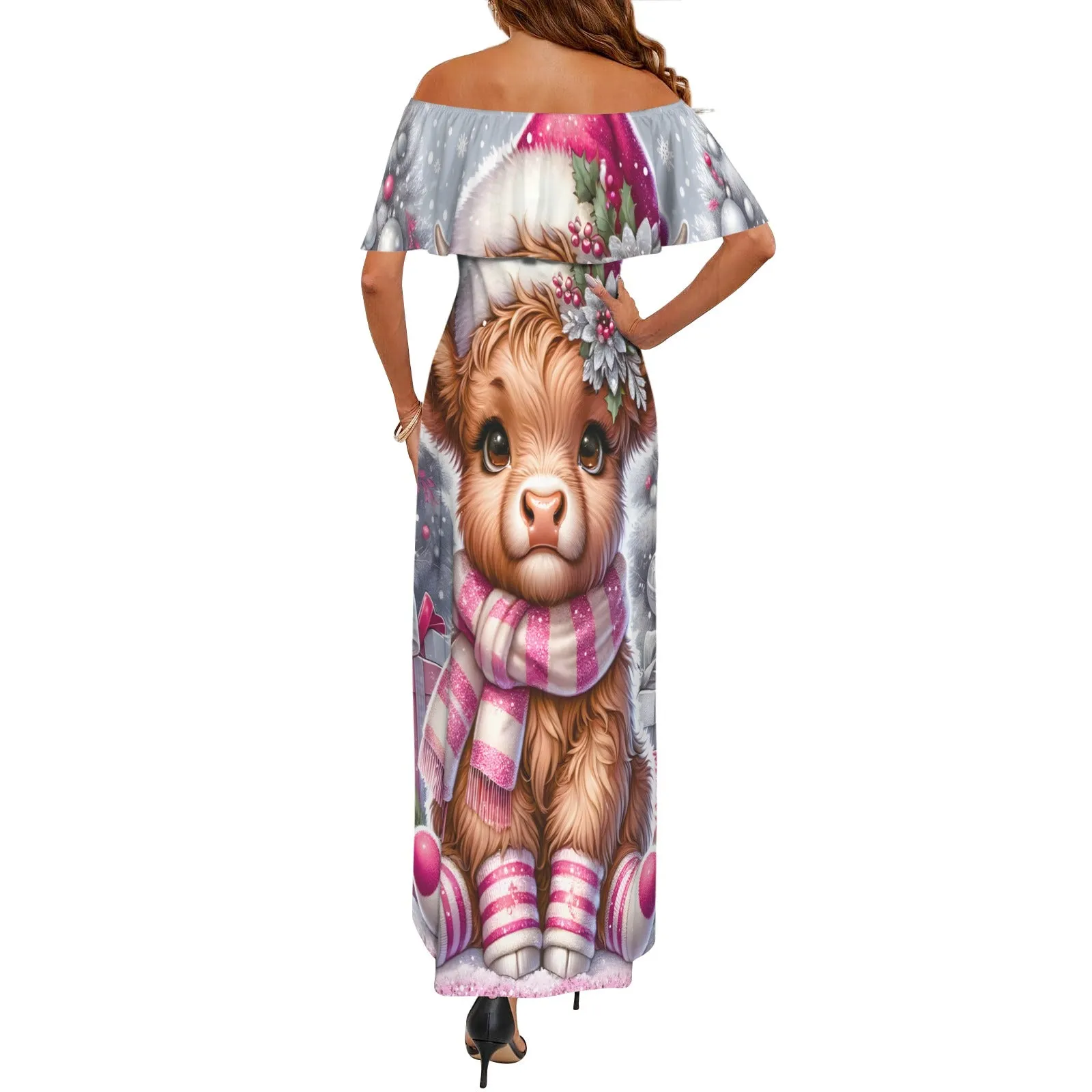 Christmas Highland Cow awd1351 Women's Off Shoulder Ruffle Boat Neck Dress (Model D71)