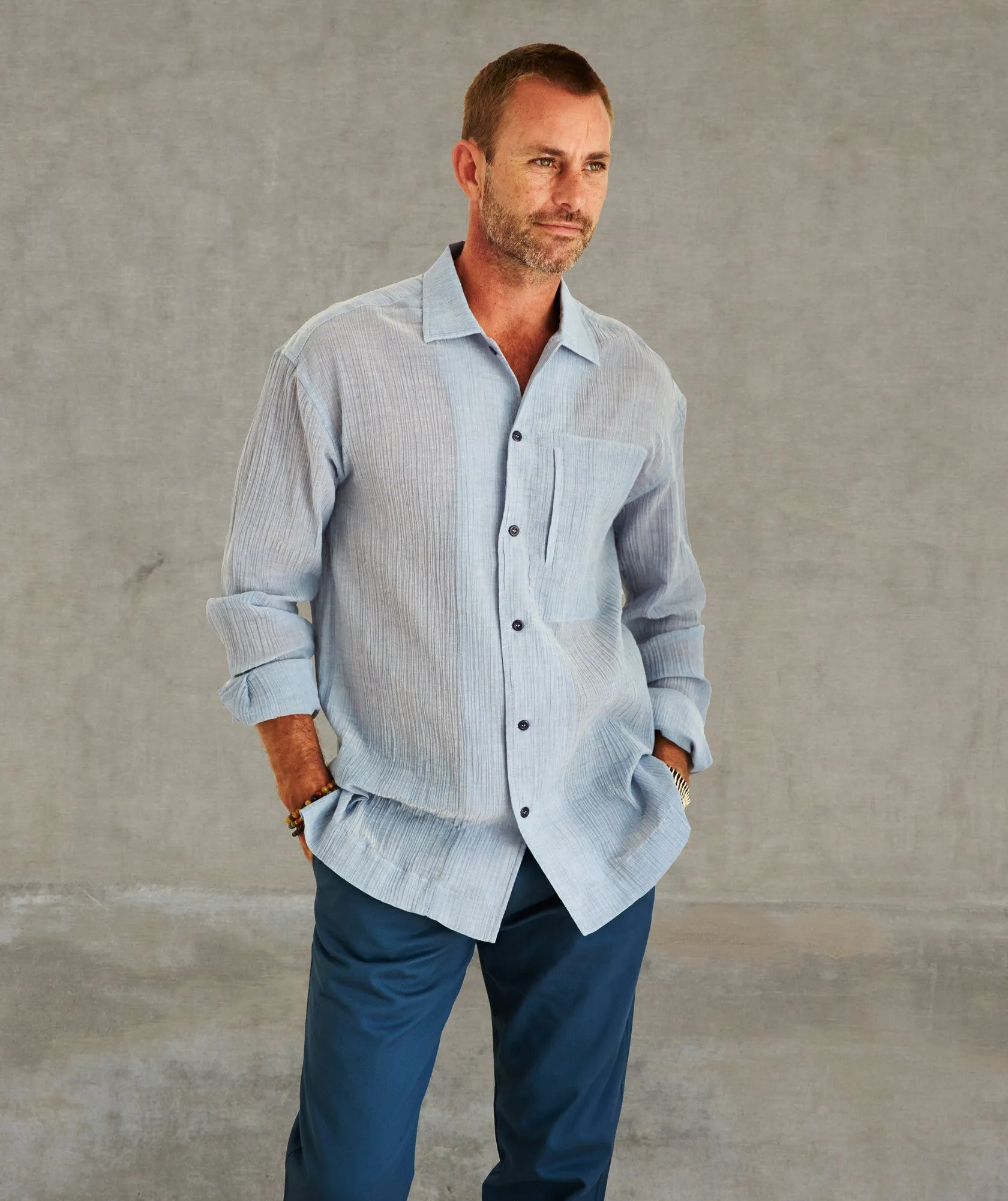 Convertible Collar Ribbed Cotton Long-Sleeve Shirt