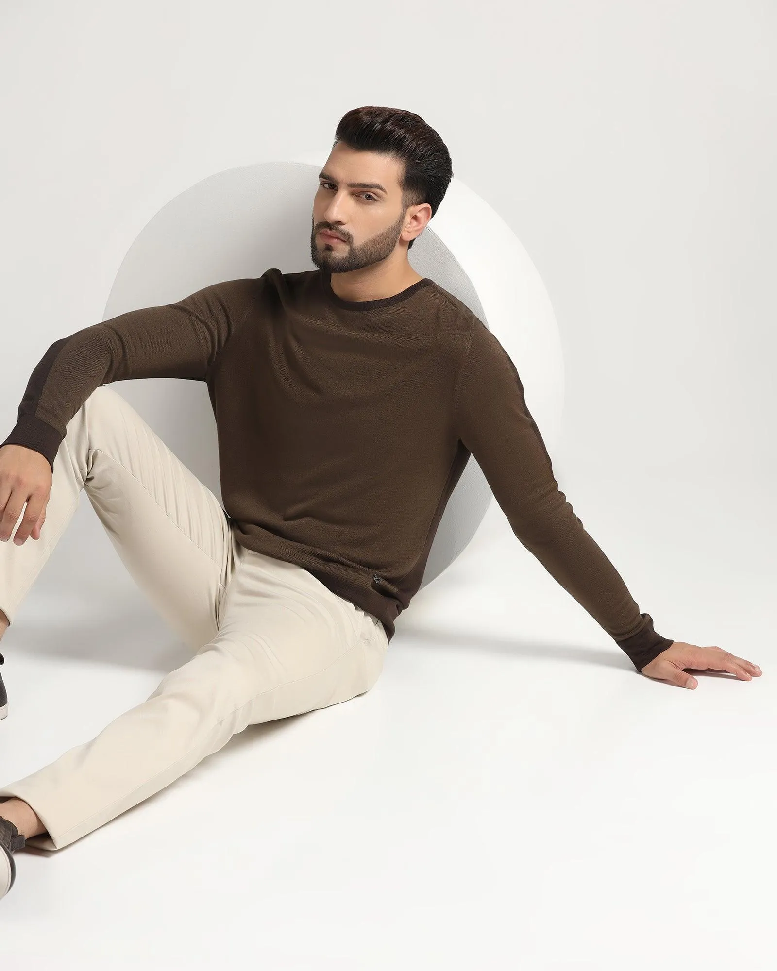 Crew Neck Brown Solid Sweater - Joseph