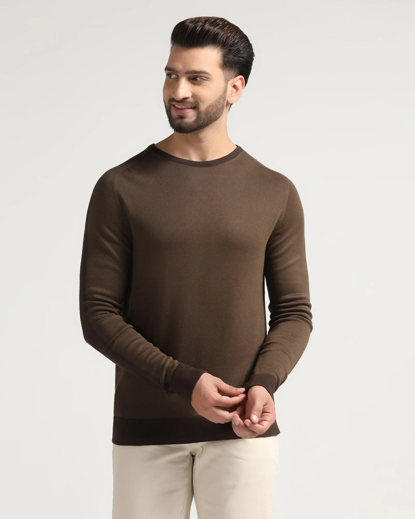 Crew Neck Brown Solid Sweater - Joseph