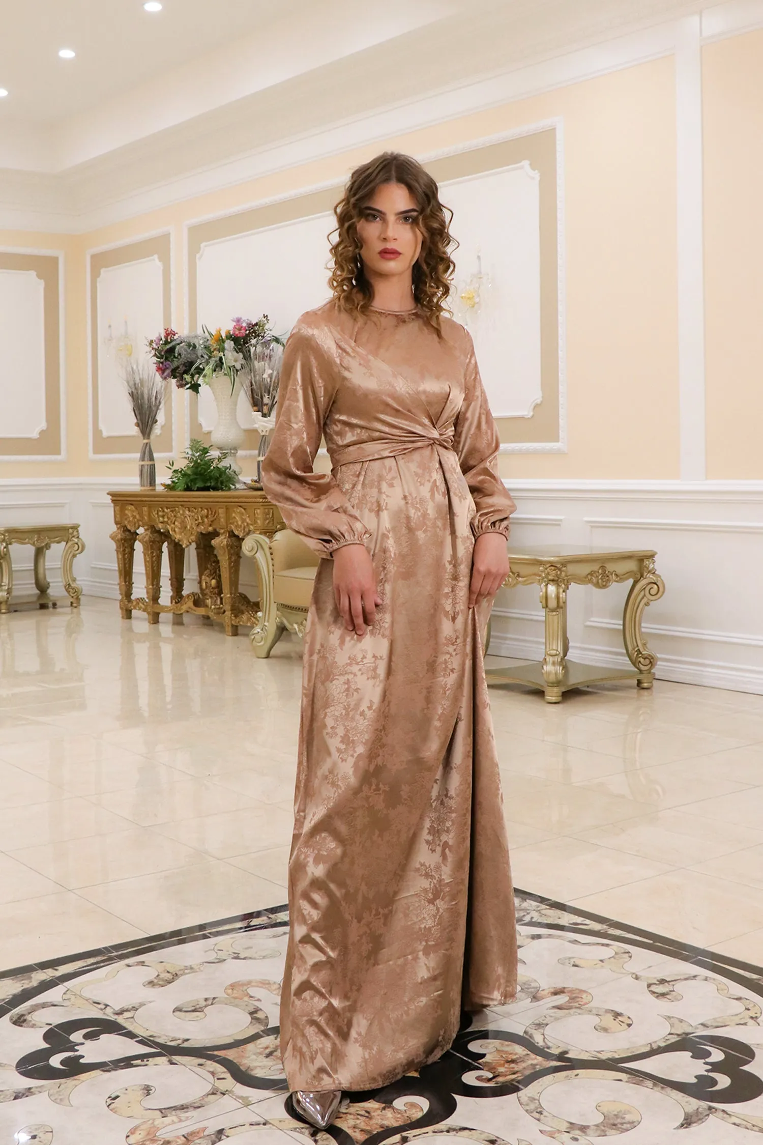 Dahlia Satin Floral Dress- Tan