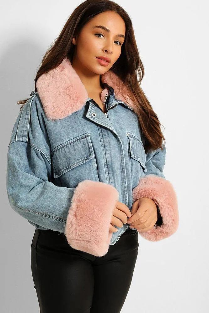 Detachable Faux Fur Cuffs Collar And Inner Lining Blue Denim Cropped Jacket