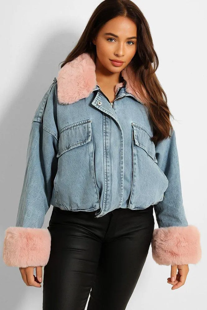 Detachable Faux Fur Cuffs Collar And Inner Lining Blue Denim Cropped Jacket