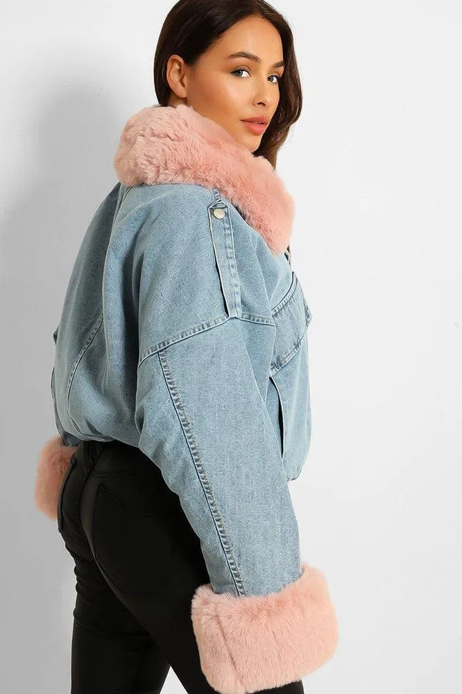 Detachable Faux Fur Cuffs Collar And Inner Lining Blue Denim Cropped Jacket