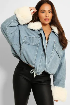 Detachable Faux Fur Cuffs Collar And Inner Lining Blue Denim Cropped Jacket