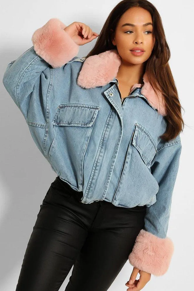 Detachable Faux Fur Cuffs Collar And Inner Lining Blue Denim Cropped Jacket