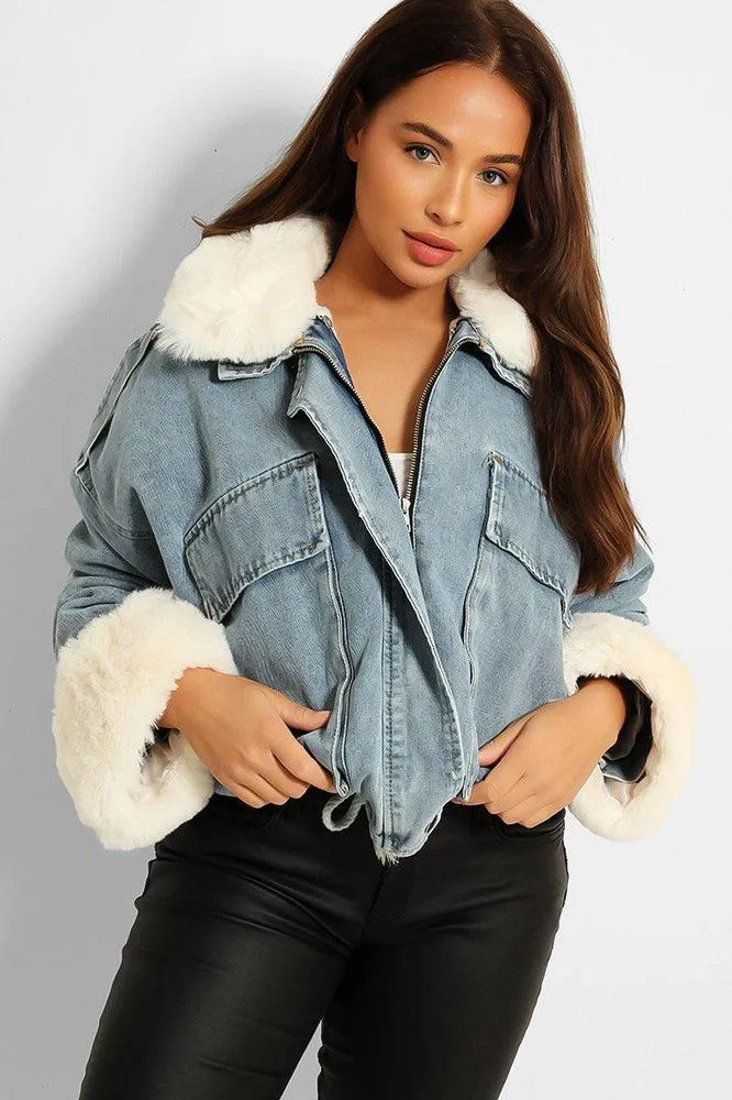 Detachable Faux Fur Cuffs Collar And Inner Lining Blue Denim Cropped Jacket