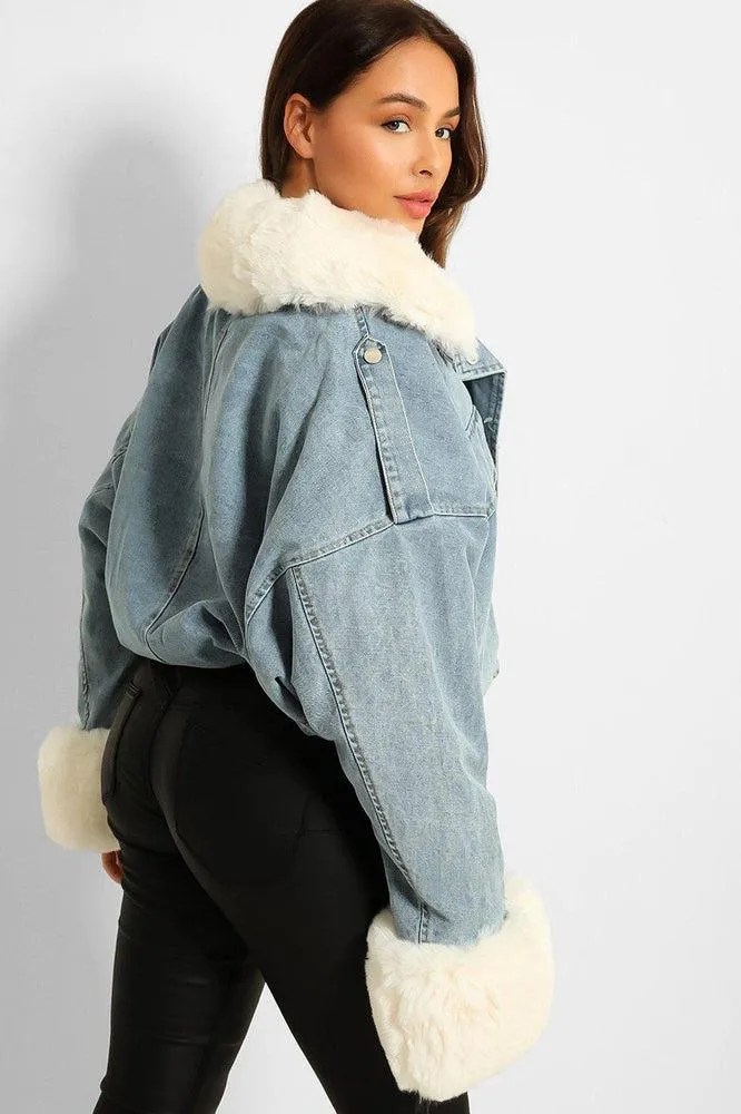 Detachable Faux Fur Cuffs Collar And Inner Lining Blue Denim Cropped Jacket