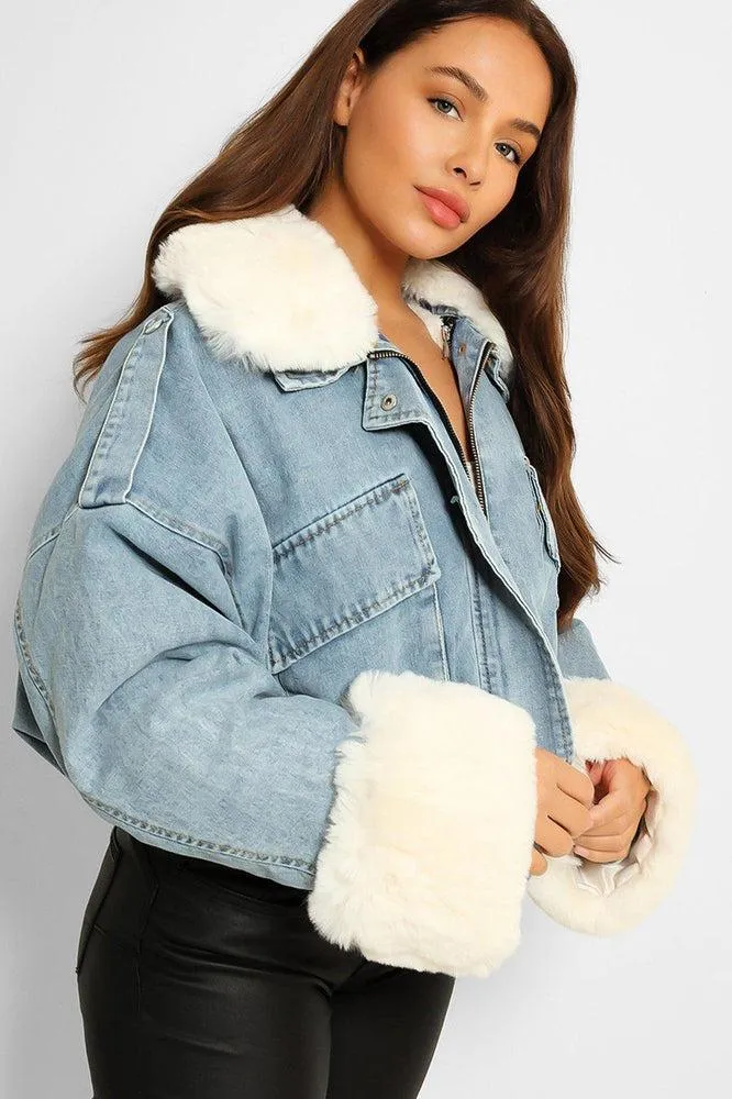 Detachable Faux Fur Cuffs Collar And Inner Lining Blue Denim Cropped Jacket