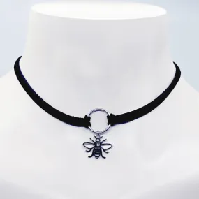 Discreet Day Collar, Faux Leather Choker With Stainless Steel Circle Pendant and Bee.