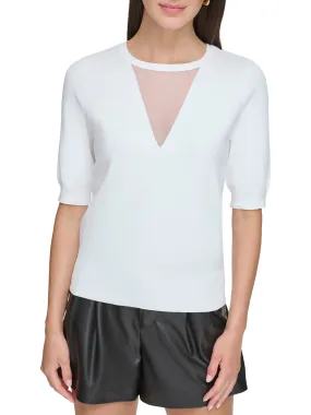 Dkny Women White Solid Round Neck Short Sleeves Sweater