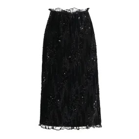 Elegant Solid Midi Skirts For Women High Waist Patchwork Mesh Sequins A Line Temperament Skirt Female Summer