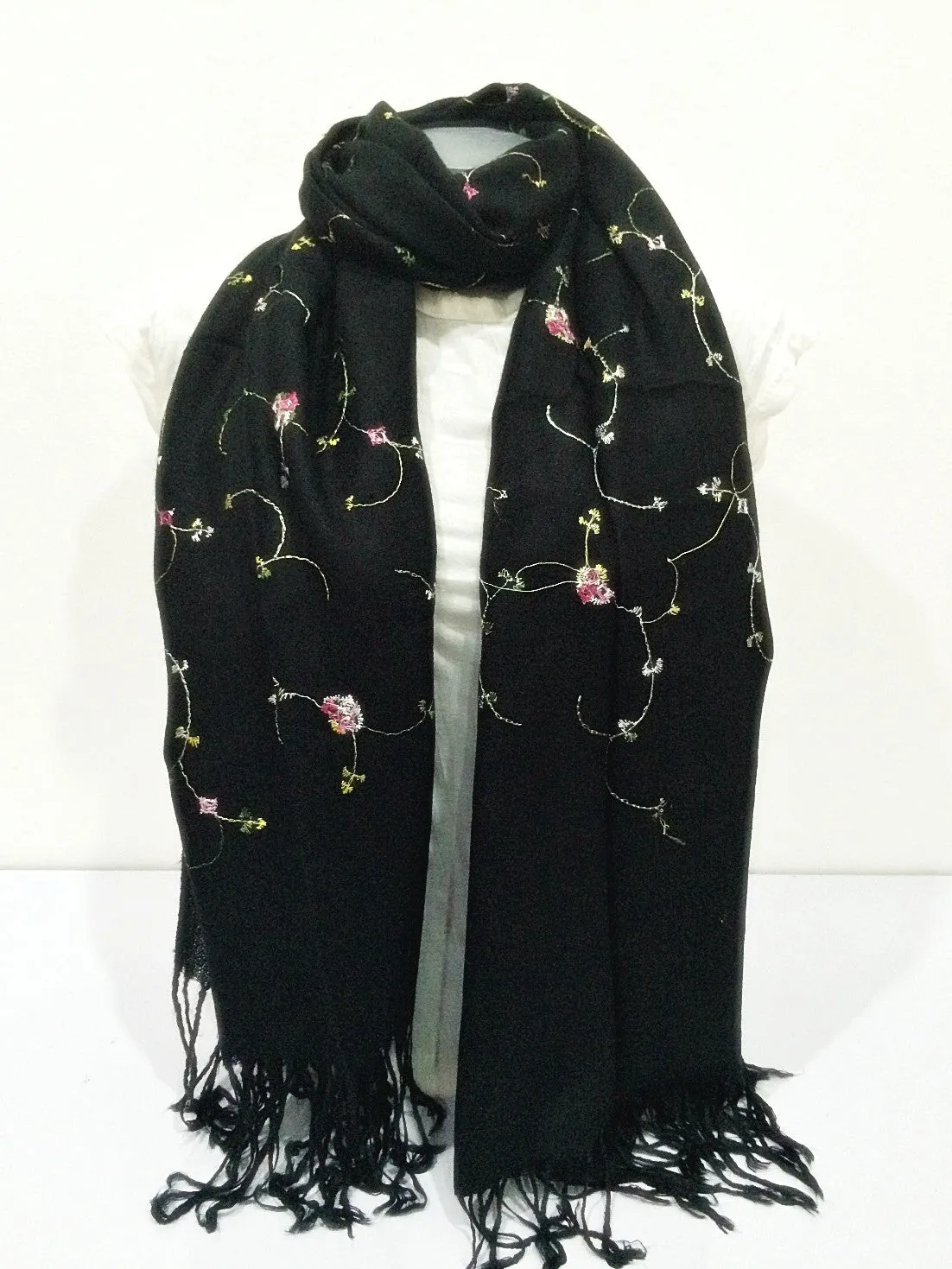 Fair Trade Hand Made Nepal Pashmina Scarf Shawl Embroidered Flowers Black