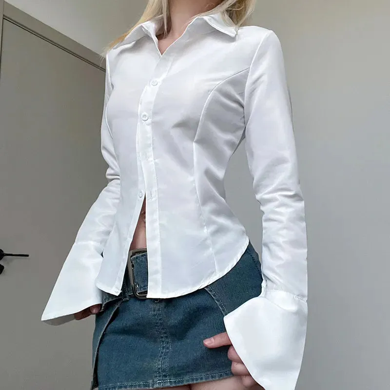 Fashion Chic White Flare Sleeve Basic Women Blouses Tops Button Up Solid Korean Style Shirt Cardigan Turn-Down Collar