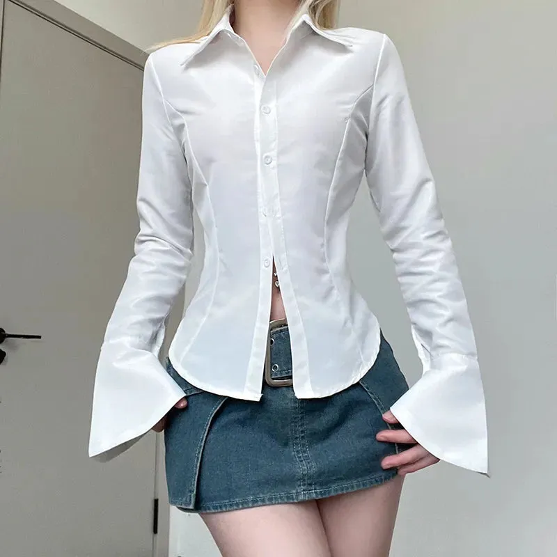 Fashion Chic White Flare Sleeve Basic Women Blouses Tops Button Up Solid Korean Style Shirt Cardigan Turn-Down Collar