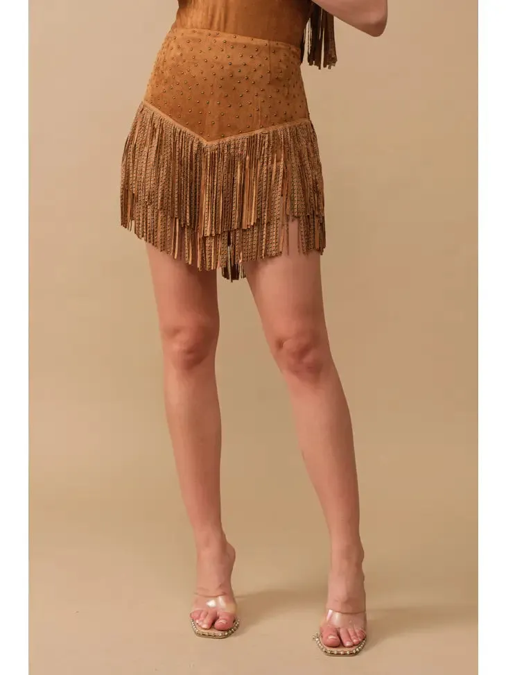 Faux Suede Studded Handkerchief Hem Tiered Skirt