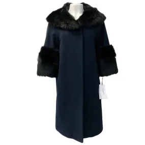 Fleurette Dark Navy Blue Toscana Wool Coat with Lamb Shearling Collar