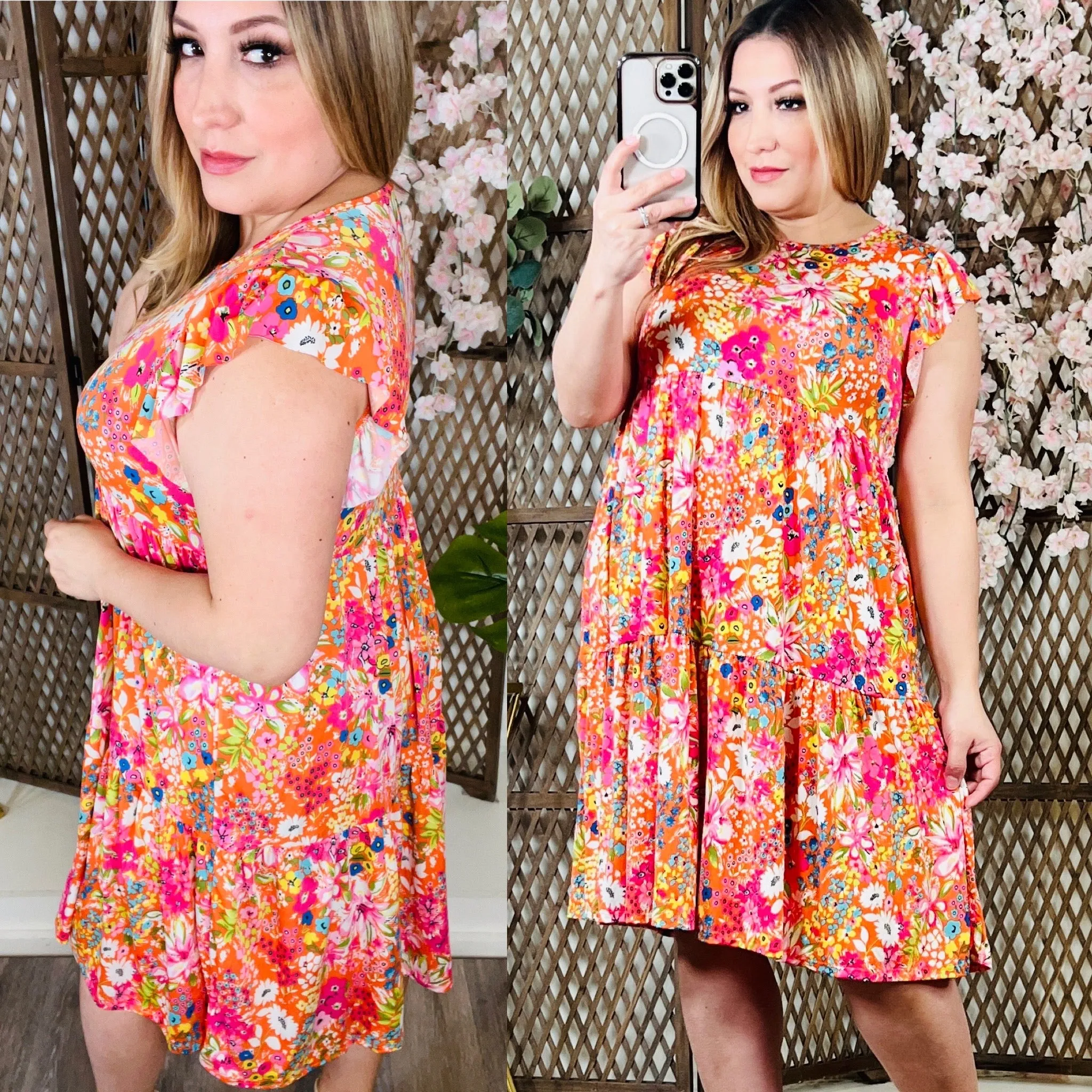 Floral Tiered Dress: Orange