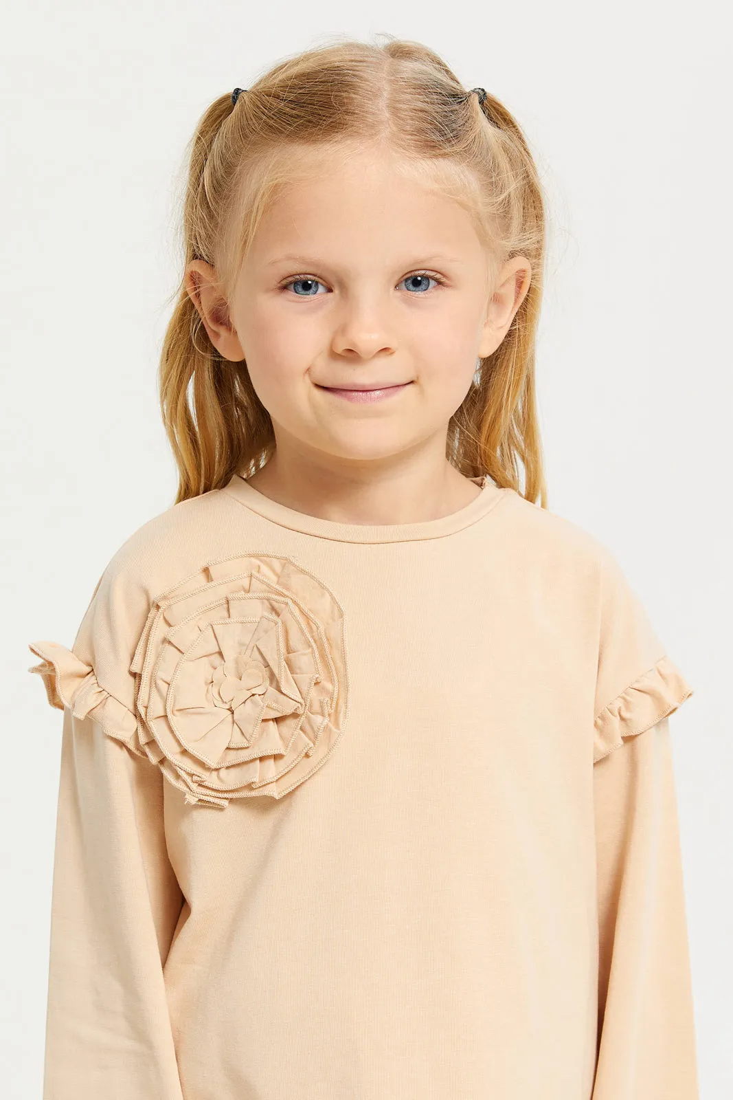 Girls Beige Corsage Embellished T-Shirt