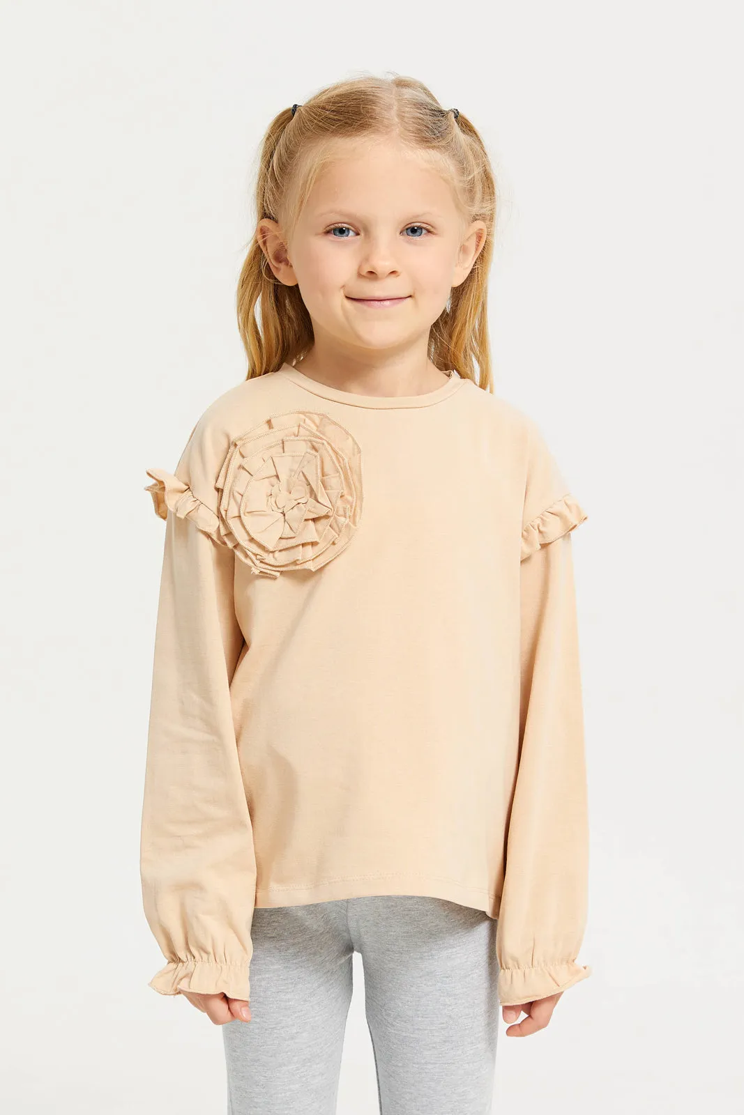 Girls Beige Corsage Embellished T-Shirt