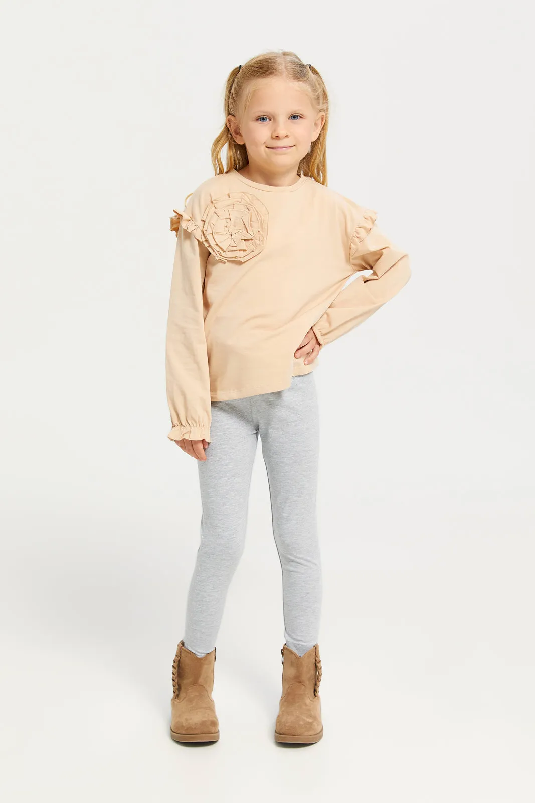 Girls Beige Corsage Embellished T-Shirt