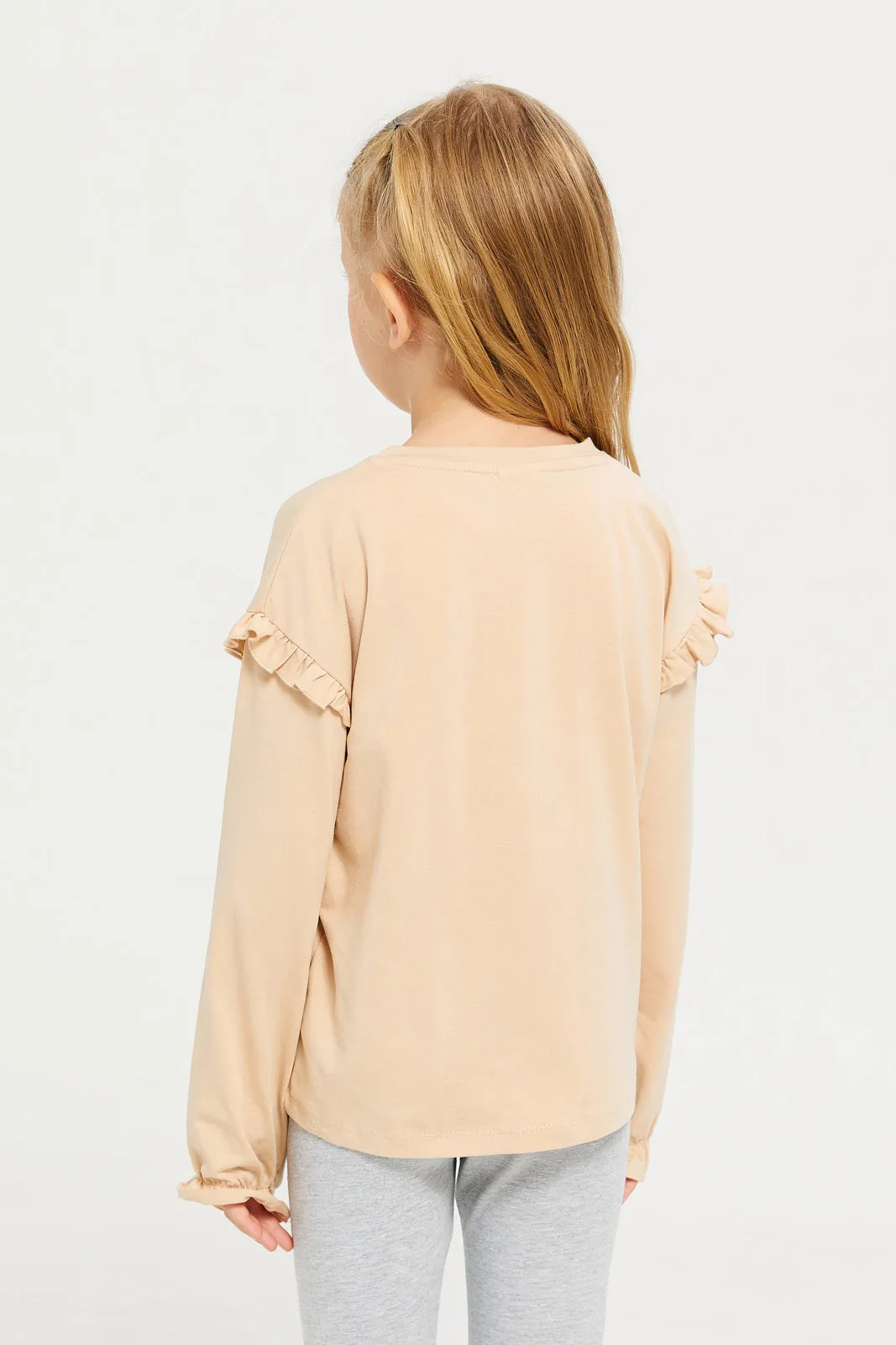 Girls Beige Corsage Embellished T-Shirt