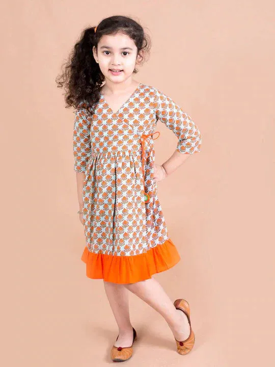 Girls Turquoise Blue Orange Ethnic Motifs Cotton Wrap Dress - Ps Peaches