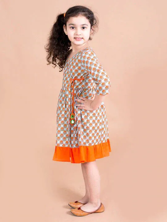 Girls Turquoise Blue Orange Ethnic Motifs Cotton Wrap Dress - Ps Peaches