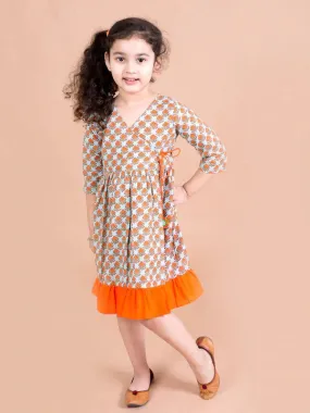 Girls Turquoise Blue Orange Ethnic Motifs Cotton Wrap Dress - Ps Peaches