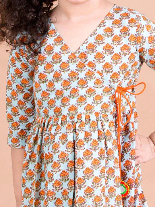 Girls Turquoise Blue Orange Ethnic Motifs Cotton Wrap Dress - Ps Peaches