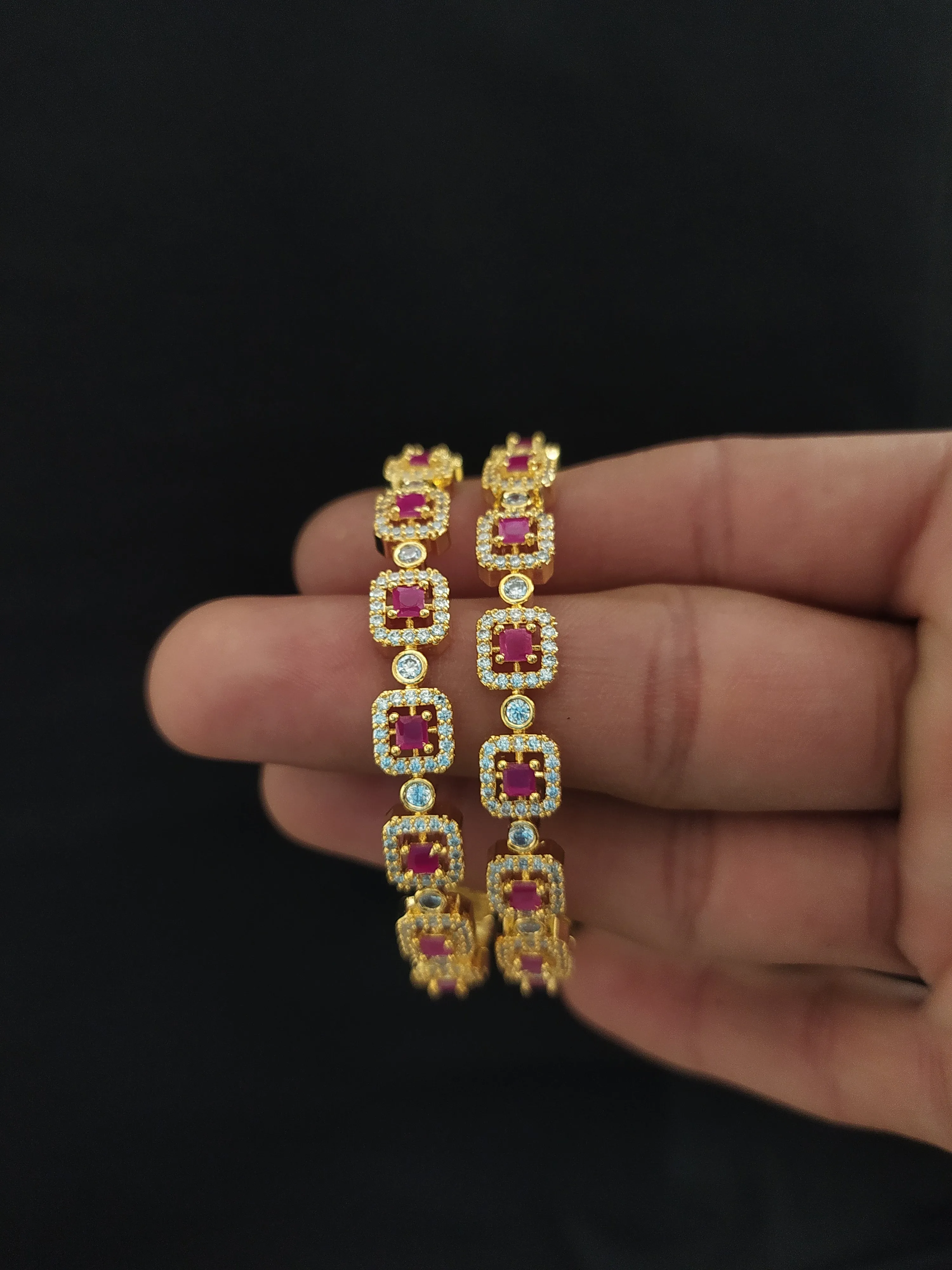 Glamorous Gold Plated Ruby & Green Zircon Bangles