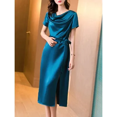 Graduation gift New Arrival Elegant O Neck Dresses Women Satin Office Lady Formal Business Work Slim Lace Up  Clothes