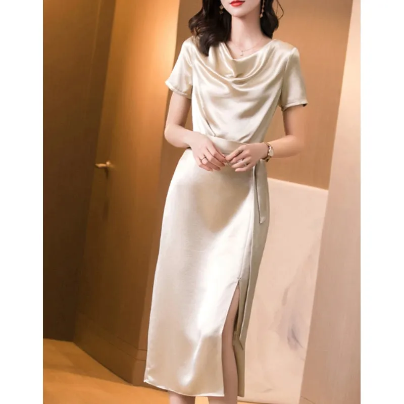 Graduation gift New Arrival Elegant O Neck Dresses Women Satin Office Lady Formal Business Work Slim Lace Up  Clothes