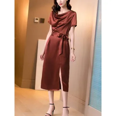 Graduation gift New Arrival Elegant O Neck Dresses Women Satin Office Lady Formal Business Work Slim Lace Up  Clothes