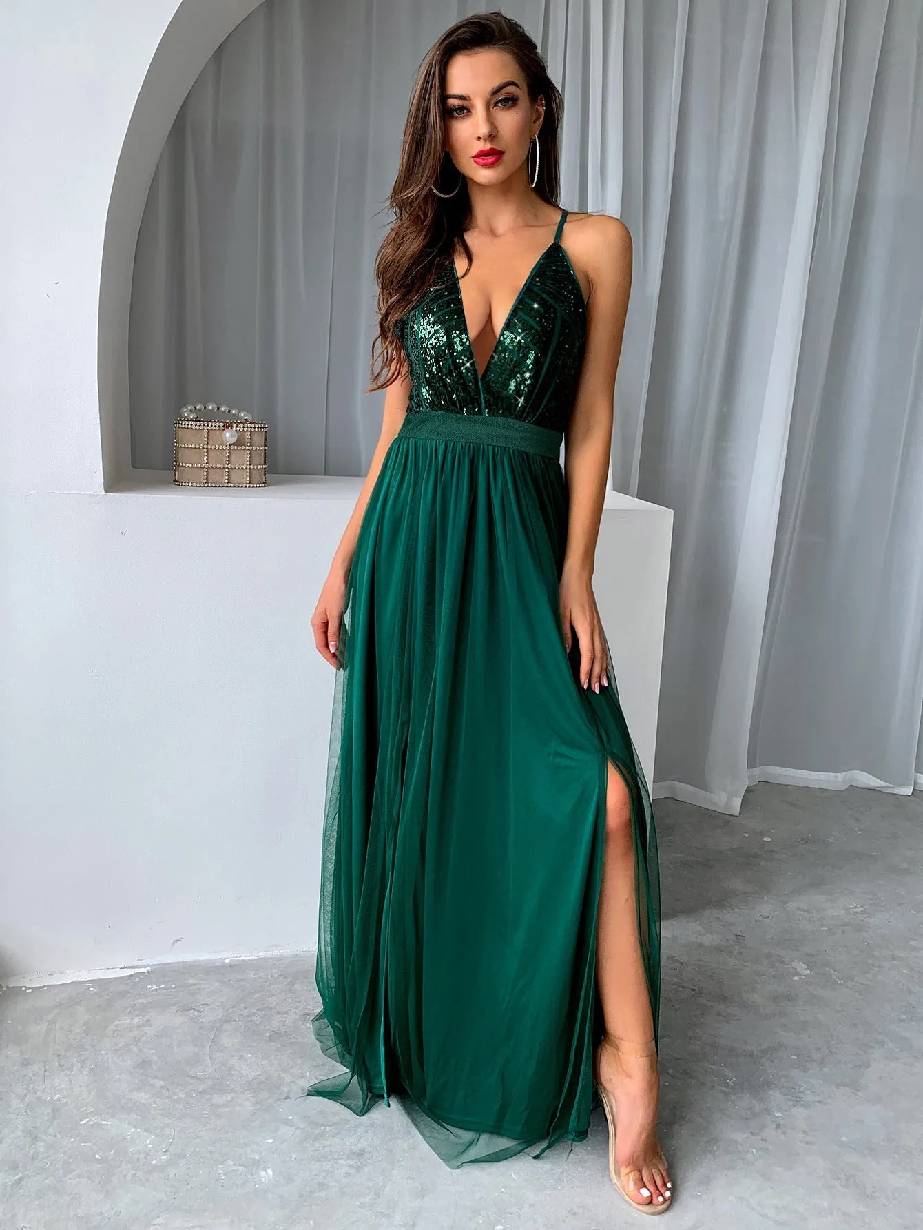 Green Empire Waist High Split Swing Dress - Fern and Oak