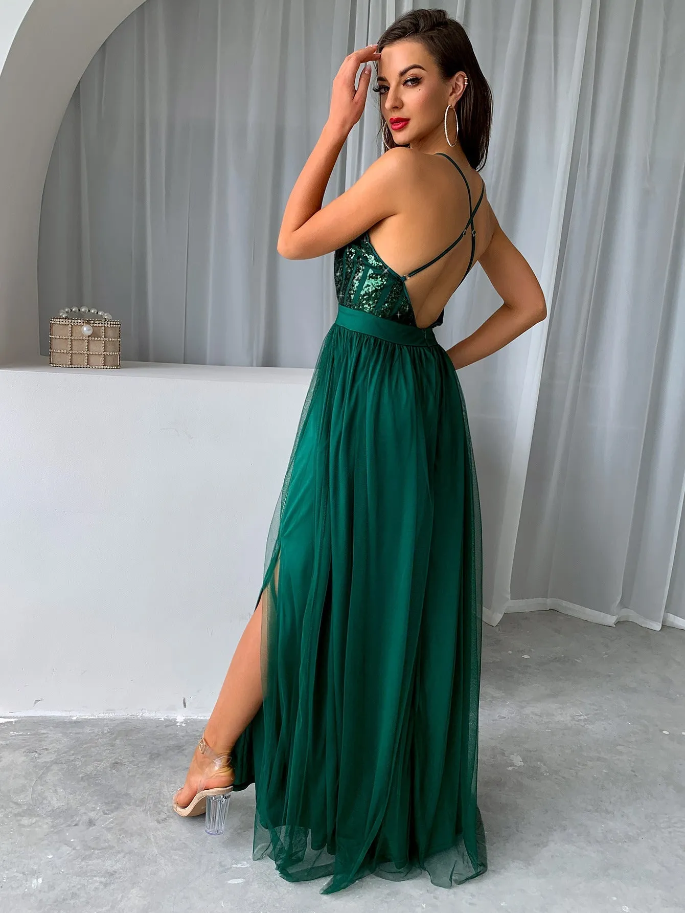 Green Empire Waist High Split Swing Dress - Fern and Oak