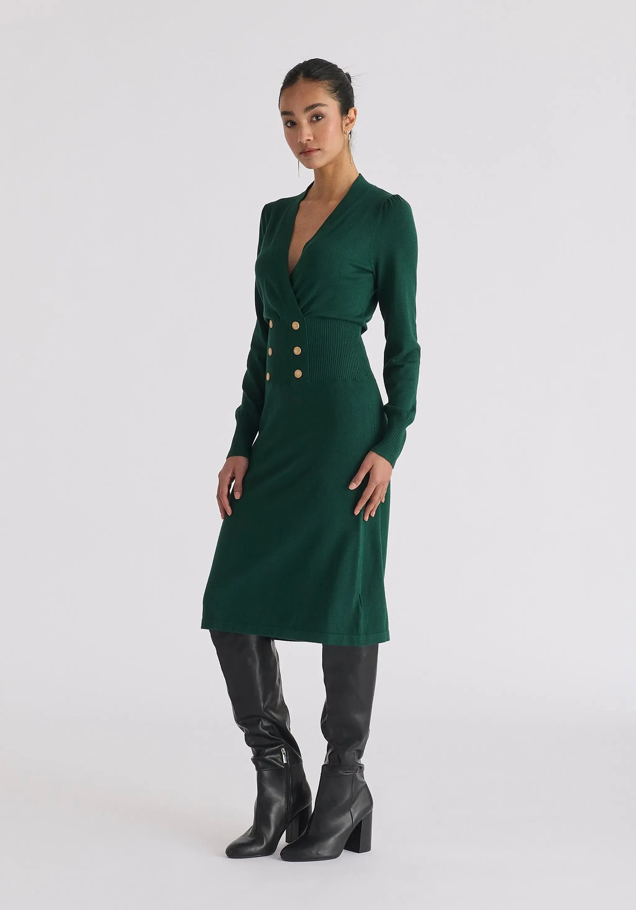 Green Long Sleeve Knitted Button Wrap Dress