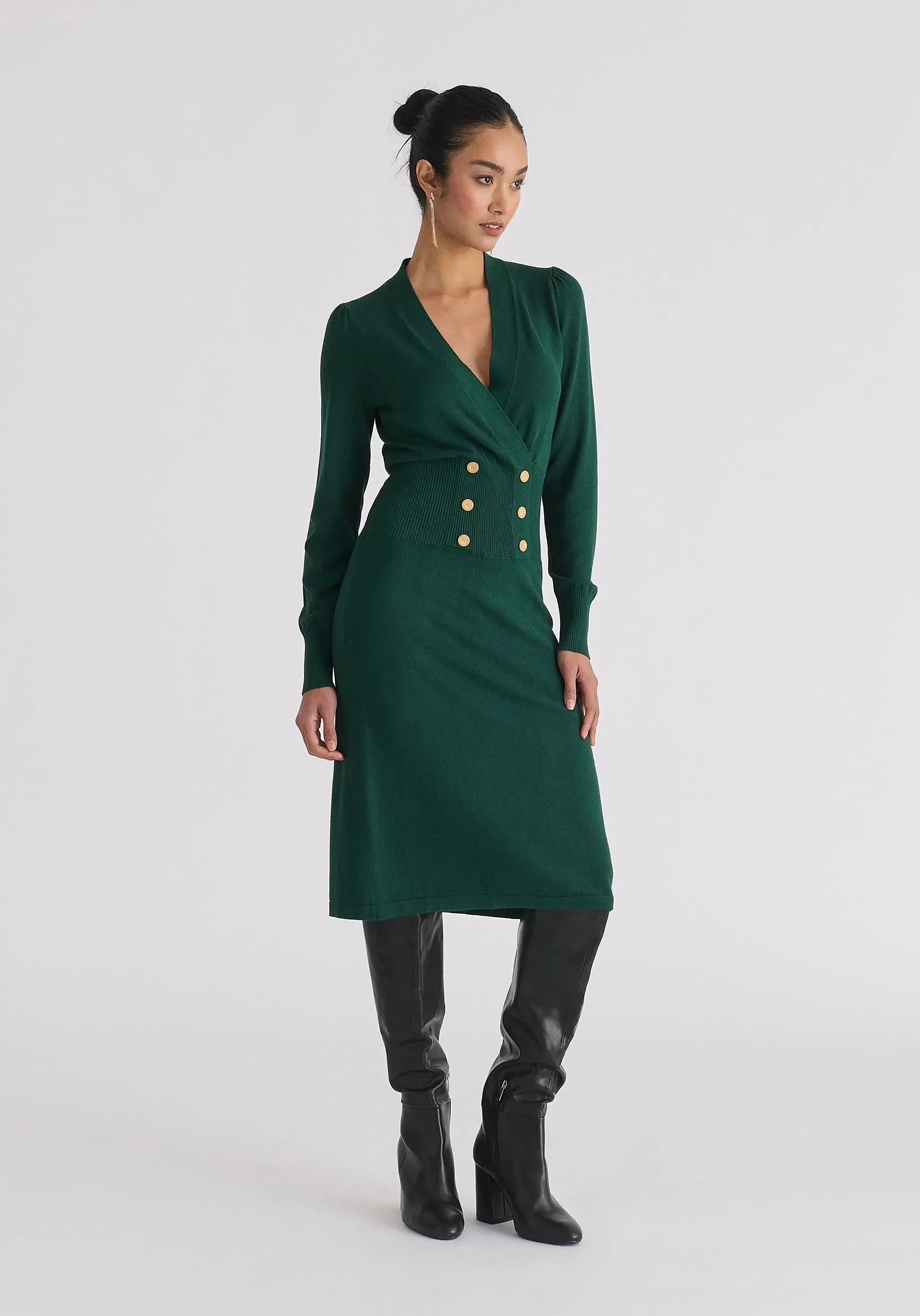 Green Long Sleeve Knitted Button Wrap Dress