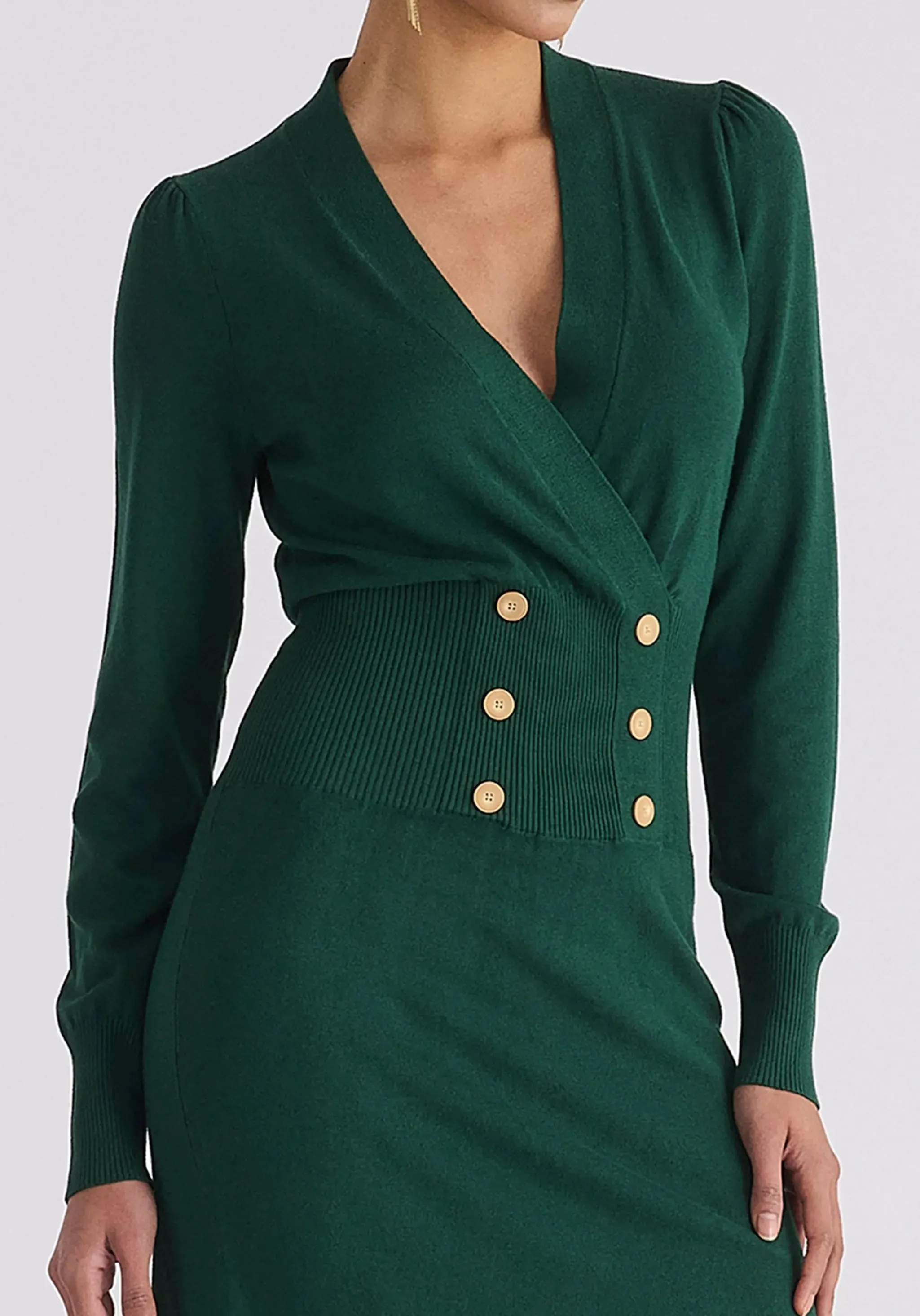 Green Long Sleeve Knitted Button Wrap Dress