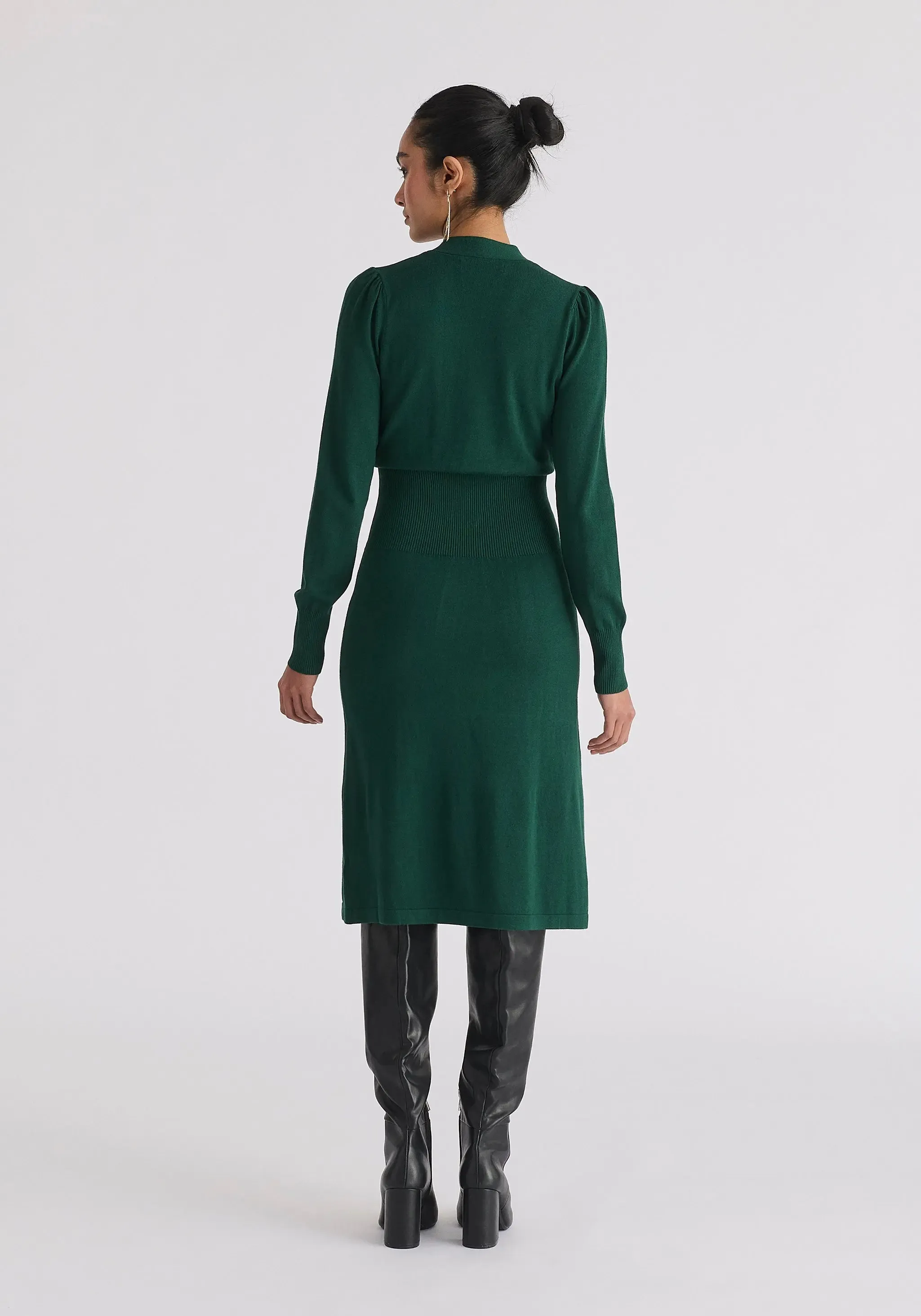 Green Long Sleeve Knitted Button Wrap Dress