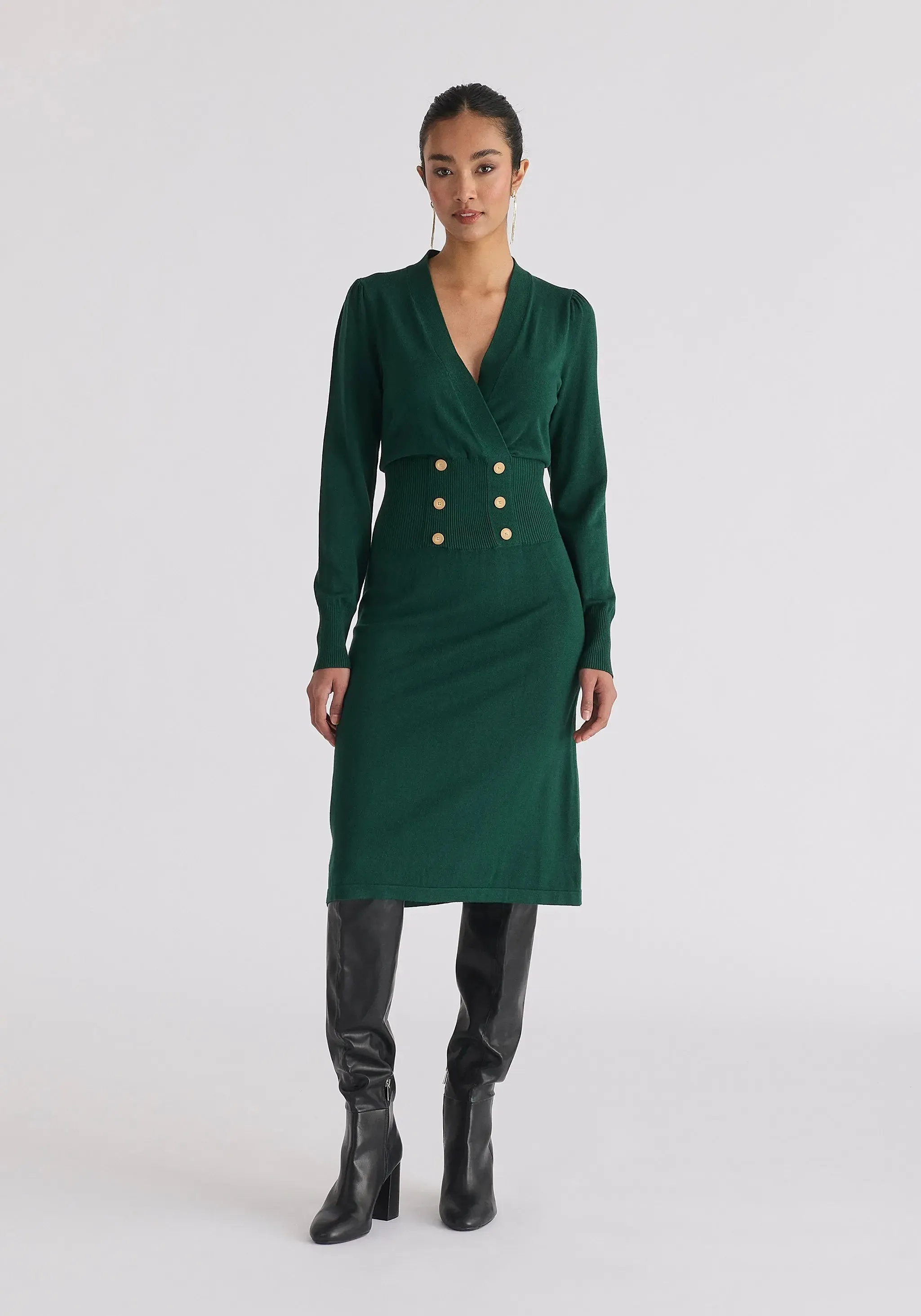 Green Long Sleeve Knitted Button Wrap Dress