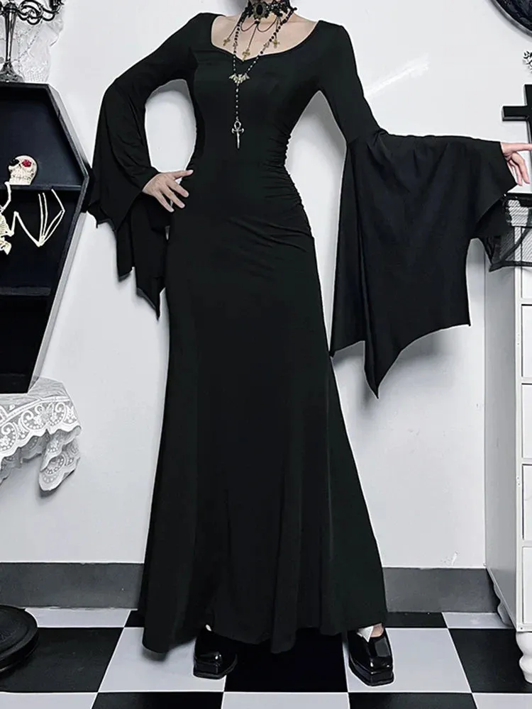 Halloween Vintage Witch Neck Sheath Formal Long Sleeve Batwing Evening V Mermaid Gown