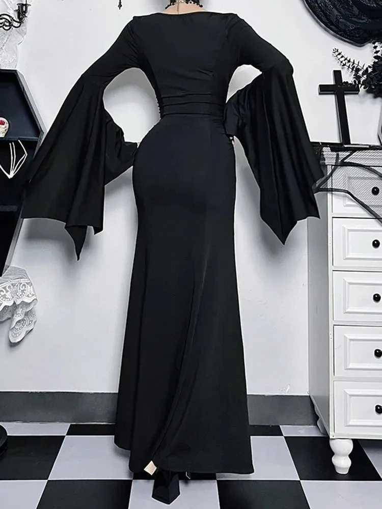 Halloween Vintage Witch Neck Sheath Formal Long Sleeve Batwing Evening V Mermaid Gown