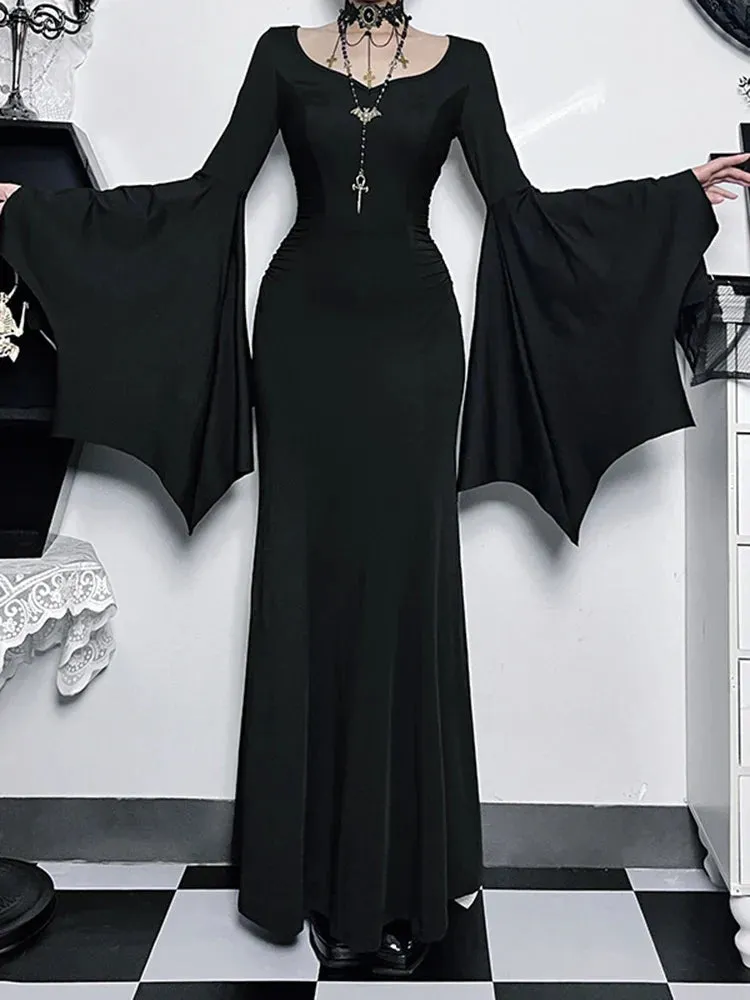 Halloween Vintage Witch Neck Sheath Formal Long Sleeve Batwing Evening V Mermaid Gown